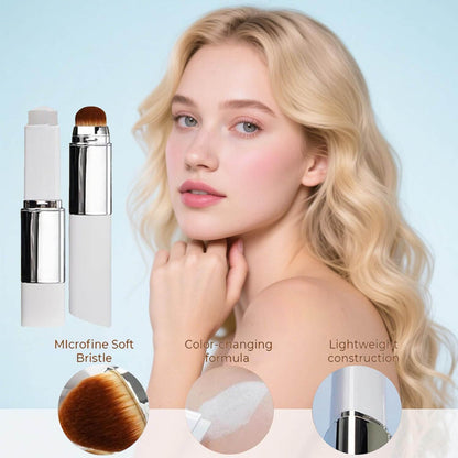 Woman with makeup product and features highlighted on a light blue background
Color Changing Foundation Stick