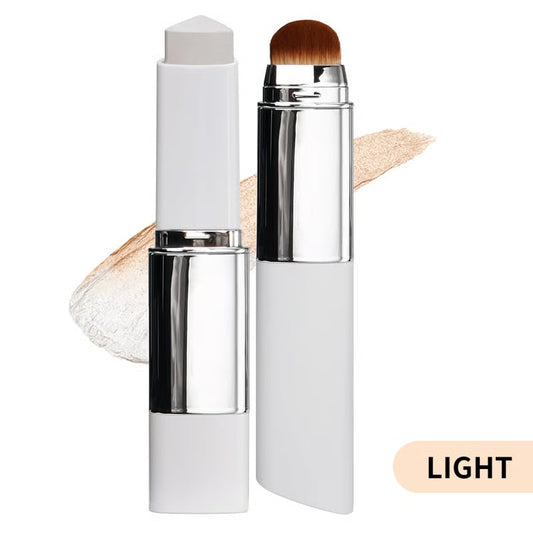 Makeup stick with applicator and beige color swatch on a white background
Color Changing Foundation Stick