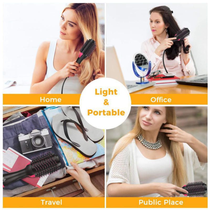 Woman using hot air brush for salon style blowout at home